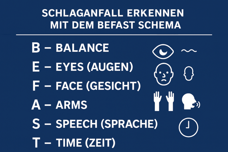 Schlaganfall erkennen durch das BEFAST Schema. Erste-Hilfe-Kurs